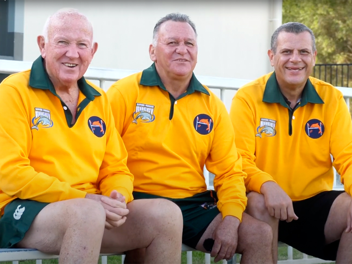 Col MacDonald, Steve Edwards and Darren proudly wearing the Surfers Paradise Rugby Union Club's 50th Anniversary Jersey.