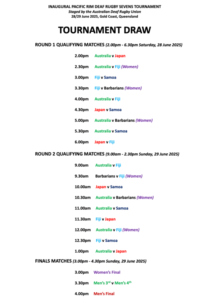 The inaugural pacific rim deaf rugby sevens tournament draw 2025. Hosted by Surfers Paradise Rugby Union Club on the Gold Coast, Australia. 